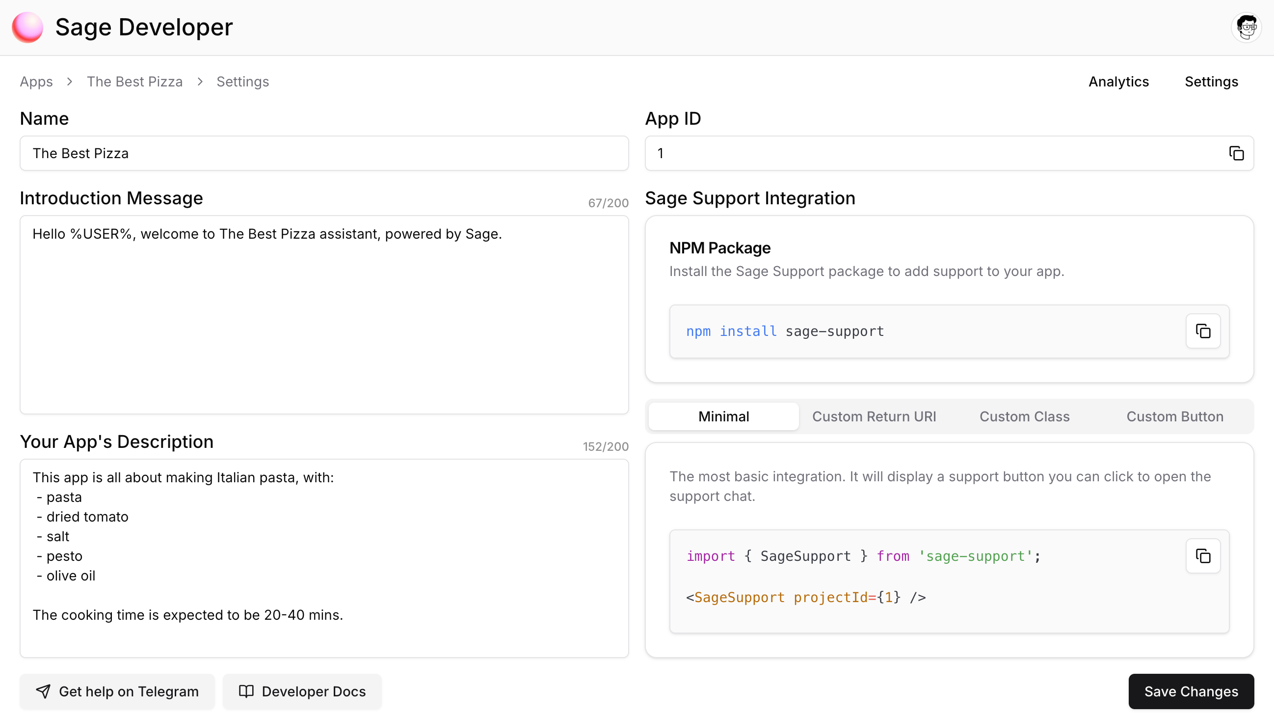 Sage Developer Dashboard Settings